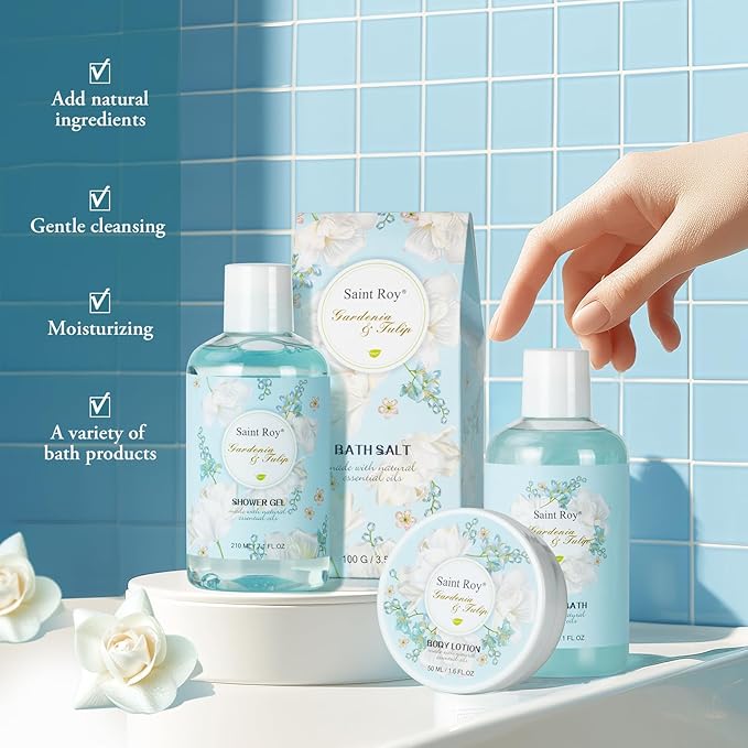 Mother's Day Gift for Mom Spa Gift Baskets for Women, Gardenia Tulip Home Spa Kit with Cosmetic Bag gift woman. Bath & Body Basket Set 8Pcs Bath and Body Gifts Set, Luxury Gift Basket