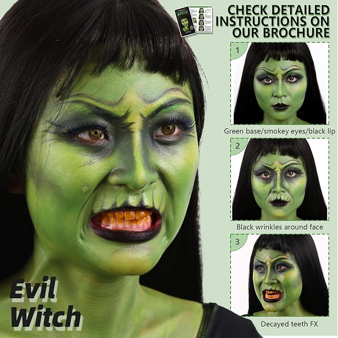 Halloween Witch Makeup, Complete Green Witch Make Up Kit SFX Character Set with Face Paint, Scar Wax for Special Effects Costume Makeup, Dress-Up Cosplay Party, Stage & Theater