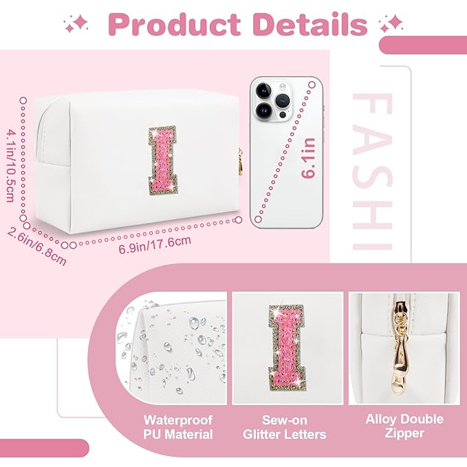 Small Initial Patch Makeup Bag Personalized Gifts Make Up Bag,White Cute PU Leather Glitter Letter Cosmetic Bag with Zipper,Trendy Portable Travel Toiletry Pouch,Preppy Stuff for Teen Girls Women I