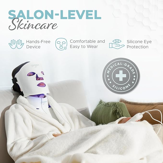 7 Colors LED Face and Neck Mask with Near-Infrared - Blue, Red Light Therapy for Face - 228 LEDs - Skincare Tool for Anti-Aging