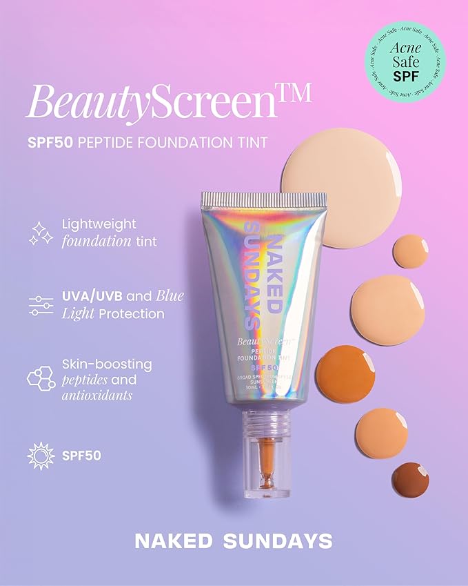 Naked Sundays BeautyScreen™ SPF 50 Mineral Peptide Foundation Tint – 2-in-1 Skin Tint & Mineral Sunscreen | Radiant, Buildable Coverage, Acne-Safe, Infused with Peptides (6 Tan Caramel, 1.01 oz)
