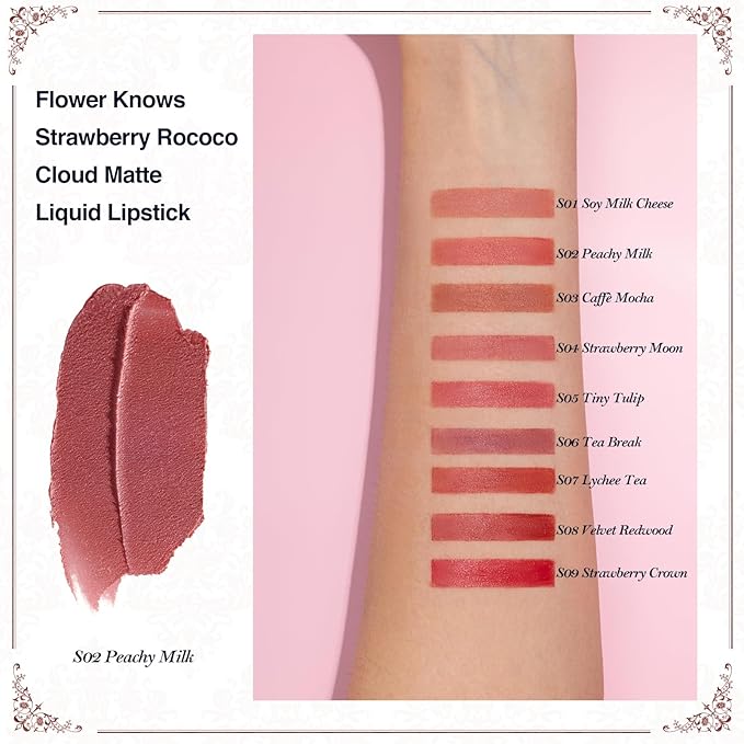 Flower Knows Strawberry Rococo Cloud Lip Cream,Velvety Matte Liquid Lipstick,Nude Lipstick,Long Lasting Lip Stain,Kiss-proof Blurred Lipstick for Girls&Women,0.12 Fl Oz(S02 Peachy Milk)