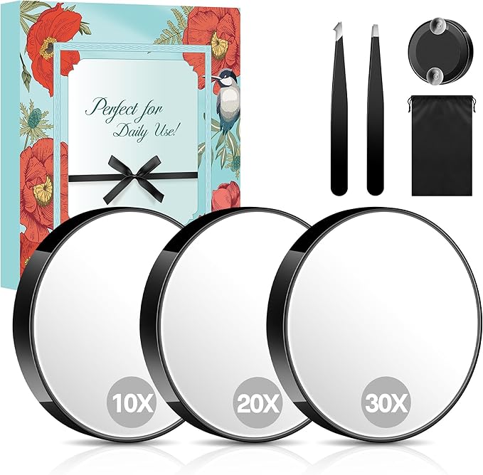 MIYADIVA Magnifying Mirror Set, 10x&20x&30x Suction Cup Makeup Mirror, 2 Tweezers & Storage Bag. 3.5in Compact Mirror for Travel, Bathroom, Home, Gifts for Women