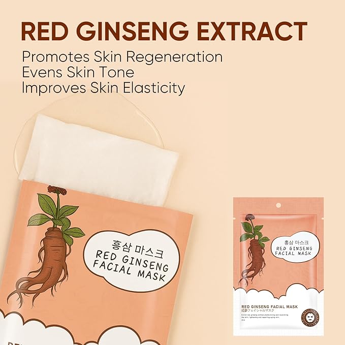 10Pack Sheet Face Masks Skincare for All Skin Types, Moisturizing Hydrating Facial Masks Suitable for Sensitive Skin, Red Ginseng Face Masks for Wrinkles, Fine-Lines, Firmness and Elasticity