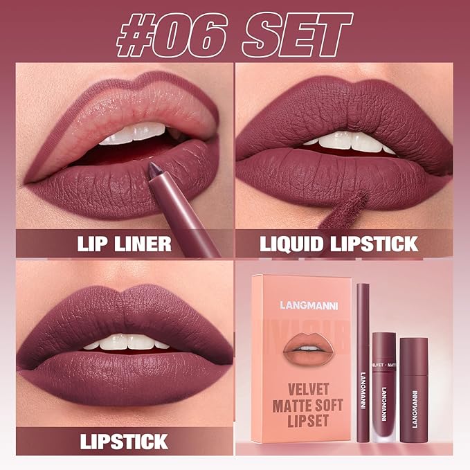 LANGMANNI 3 in 1 Matte Velvet Lipstick Set-Lip Liner,Lip Gloss and Lipstick Combo,Perfect for Natural Lip Contour,Waterproof And Longlasting Effect Lip Makeup,Unique Festival Gift (#06, Pack of 1)