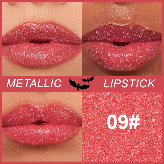 Kaely Glitter Metallic Lipstick, Shimmer Metallic Lipsticks for Women, High Pigmented Lip Gloss Long Lasting Waterproof Smudge Proof 24 Hour, Halloween Makeup, Vegan & Cruelty-Free, 09