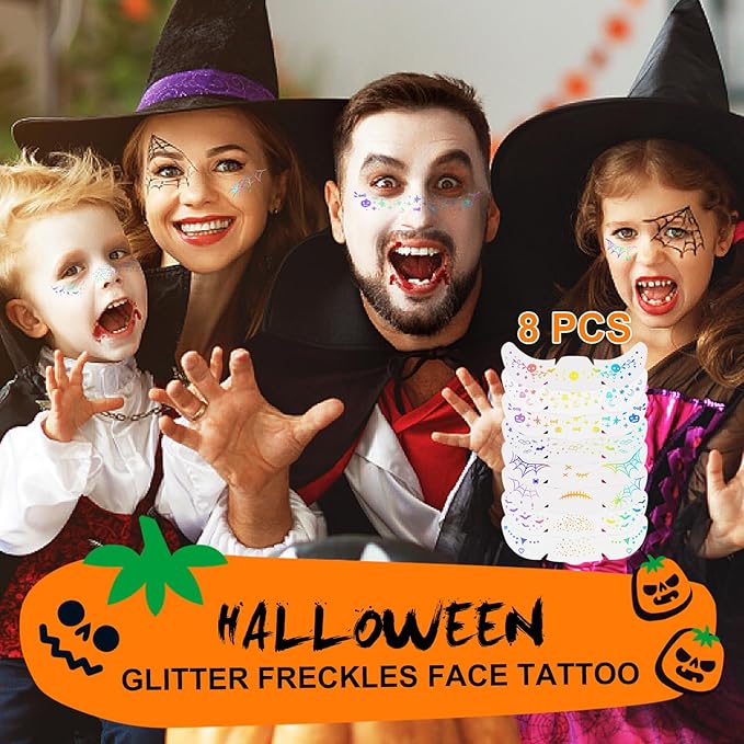 8Pcs Halloween Face Makeup Patches, Glitter Freckles Face Tattoo for Teenagers & Young Women, Sparkle Freckles Makeup Patches, Waterproof Face Glitter Freckles (8PcsC Holographic Multicolor)