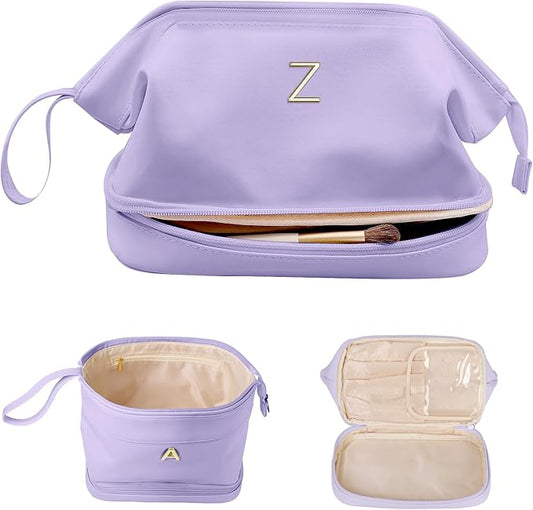 Birthday Gifts for Girls, Initial Large Makeup Bags, Personalized Double Layer Cosmetic Bag with Makeup Brush Organizer,Toiletry Bag, Gifts for Women Girlfriend Friends Female Mom Sister