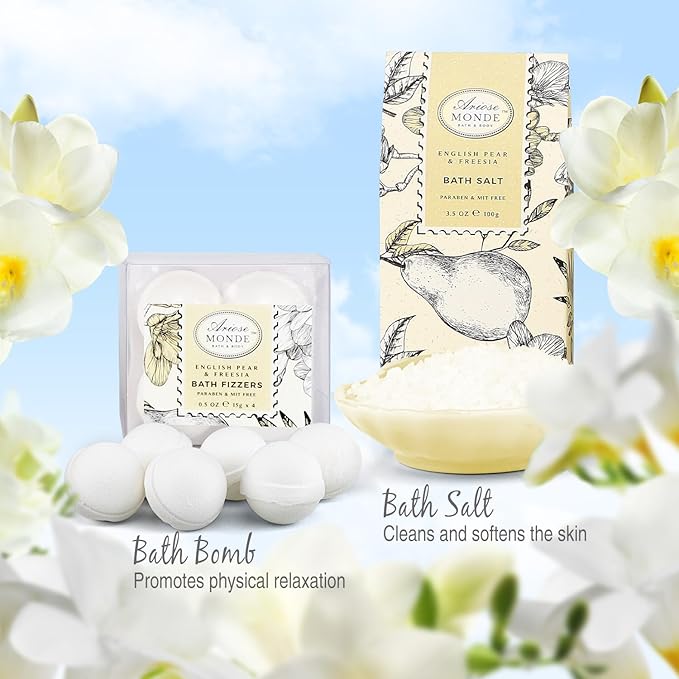 Bath & Shower Spa Gift Basket Set, with English Pear & Freesia Fragrance Bath Gift Basket for Women & Men Includes Body Lotion, Shower Gel, Bath Salts, Bubble Bath, Body Scrub and More, 9 Pcs