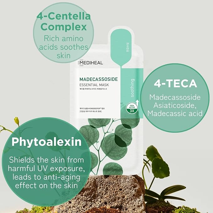 Mediheal Best Korean Sheet Mask - Madecassoside Essential Face Mask 20 Sheets For Sensitive Blemish Prone All Skin Types Hydrating Moisturizing Calming Soothing