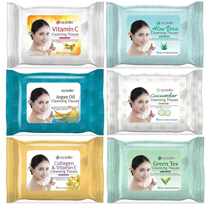 Epielle Makeup Remover Wipes, Remove Dirt, Oil, Waterproof Mascara, Gentle Daily Facial Cleanser Towelettes withVitamin C, Aloe Vera & Collagen, Vegan & Cruelty-Free, 30 Count (Pack of 6)