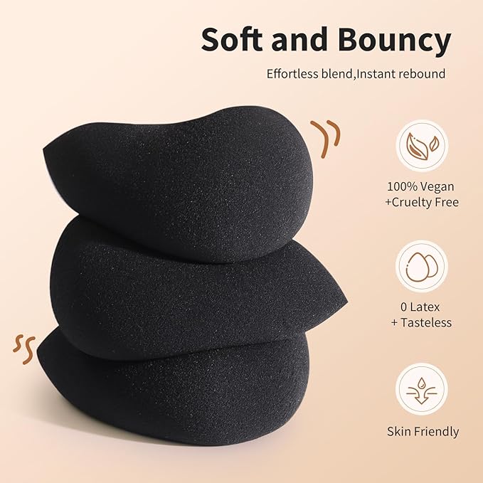 BEAKEY Makeup Sponge Set, 5 Pcs Foundation Blending Sponge, Beauty Sponges Flawless for Liquid, Cream, and Powder, Latex-Free and Vegan Boun Boun Makeup Sponges, Black