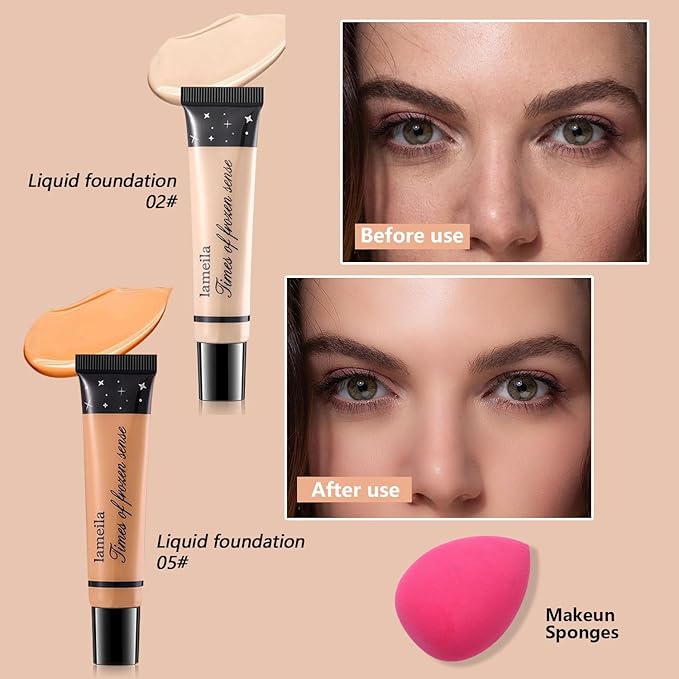 All in One Makeup Kit for Teen Girls - 2X16 Colors Eyeshadow, Liquid Foundation, Eyeliner Pencils, Contouring Stick, Lip Gloss, Eyebrow Pencils & 8pcs Makeup Brushes (Rainbow)