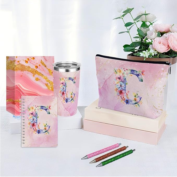 Personalized Gifts Monogrammed Birthday Gifts for Women, Cowerker Wife Sister Wedding Christmas Initial 20 oz Tumbler, Makeup Bag Cup Ballpoint Pens Journal Notebook 6 Set, (Aesthetic Pink Flower C)