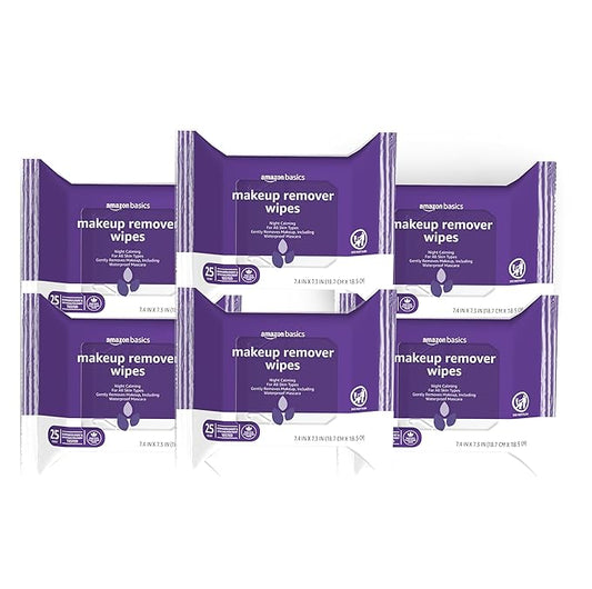 Amazon Basics Makeup Remover Wipes, Gentle Cleansing, Dermatologist Tested, Night Calming, Plant Based, Alcohol Free, Removes Waterproof Mascara, 25 Count Per Pack, Pack of 6 (Previously Solimo)