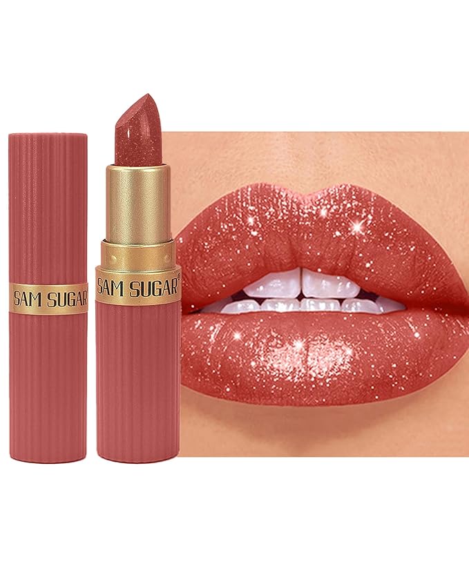 Brown Red Sparkling Glitter Lipstick,Long Lasting Shimmer Metallic Lipstick for Women Glitter Nude Waterproof Lip Gloss, Diamond Shiny Non-Stick Lipgloss Liptint Blam Lip Color labiales Makeup Gift-04