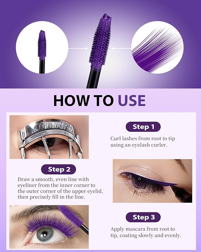 Purple Waterproof Colored Mascara&Eyeliner,5D Fiber Mascara for Eyelashes Volume and Length,Smudgeproof Color Waterline Gel Eye Liner Pen Lengthening Curling Máscara Women Party Stage Use Makeup Gift