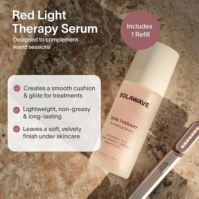 Solawave Red Light Therapy Starter Kit | Face Wand LED Device, Activating Serum, & Refill | Anti-Aging Tool for Depuffing, Under Eye Dark Circles, Reduces Appearance of Fine Lines, Lifts & Tones Neck