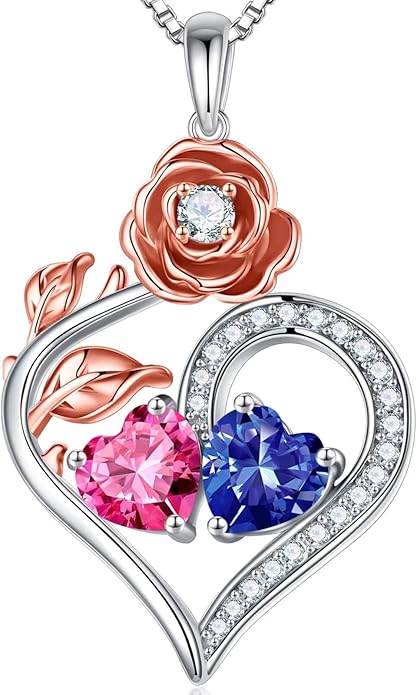 Iefil Rose Heart Birthstone Necklaces for Women - 925 Sterling Silver Double Birthstone Necklace, Anniversary Birthday Gifts for Women, Jewelry Gifts for Wife Her