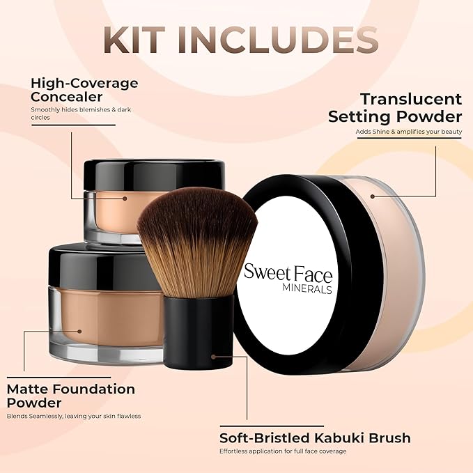 4pc Full Size Kit (Cocoa) Mineral Makeup Matte Translucent Loose Foundation + Kabuki Brush + Concealer + Finishing Setting Powder + Bare Face Full Coverage SPF 30 All Skin Types Waterproof