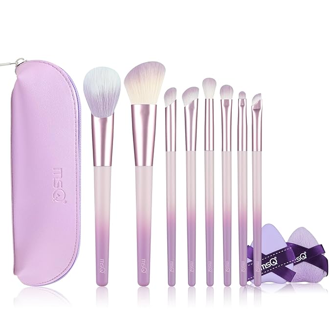 MSQ Make Up Brushes Total 10Pcs-with 8 Makeup Brush & 1 Foundation Puff & 1 Velve Powder Puff with Bag, Synthetic Hair Powder Brushes for Blush Countour Concealer Eyeshadow Eyeliner