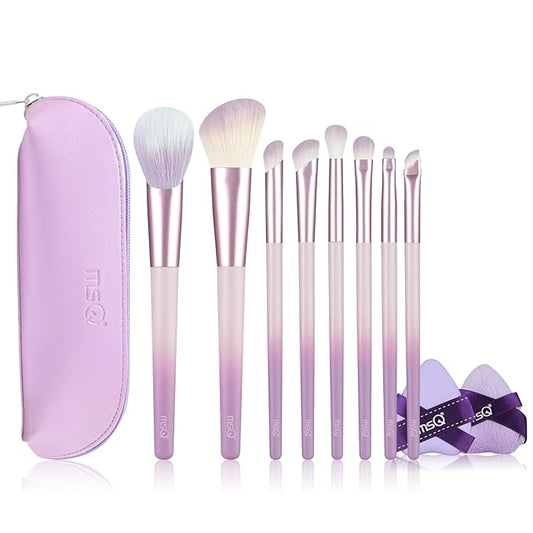 MSQ Make Up Brushes Total 10Pcs-with 8 Makeup Brush & 1 Foundation Puff & 1 Velve Powder Puff with Bag, Synthetic Hair Powder Brushes for Blush Countour Concealer Eyeshadow Eyeliner