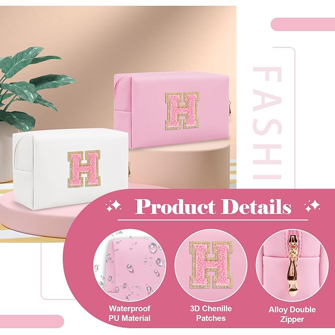Personalized Initial A-Z Preppy Patch Makeup Bag,Small PU Leather Chenille Letter Cosmetic Bag with Zipper for Teen Girls,Pink Cute Travel Toiletry Bag,Birthday Monogrammed Gift for Daughter,Letter H