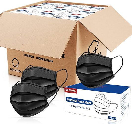 DR.MOXA 1000Pcs Black Disposable Medical Face Mask (10 Boxes, 100pcs/Box) 3-Ply Protection Face Mask for Adults