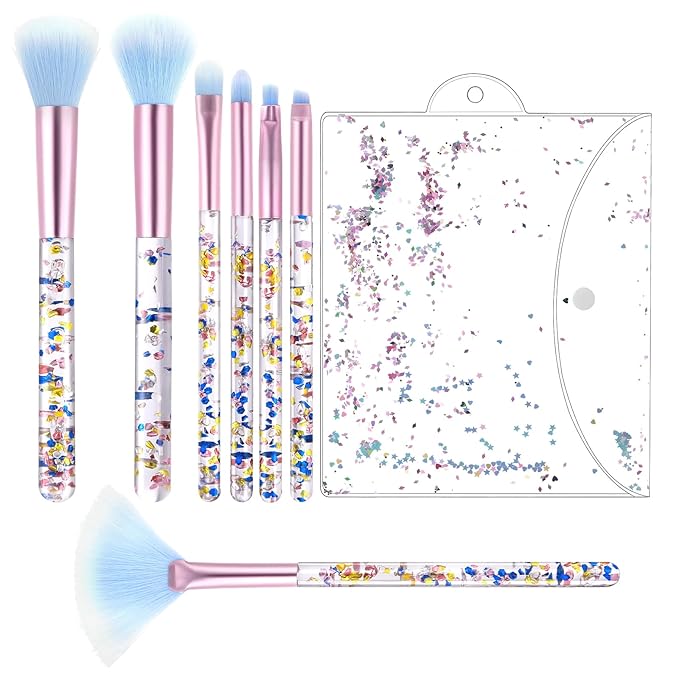 7 Pcs Makeup Brushes for Women, Cute Pink Makeup Brushes Crystal Sparkles Fan Blush Foundation Powder Lip Highlight Eye Shadow Eyebrow Brush Set With Sequins Handle Professional for Girl(Blue)