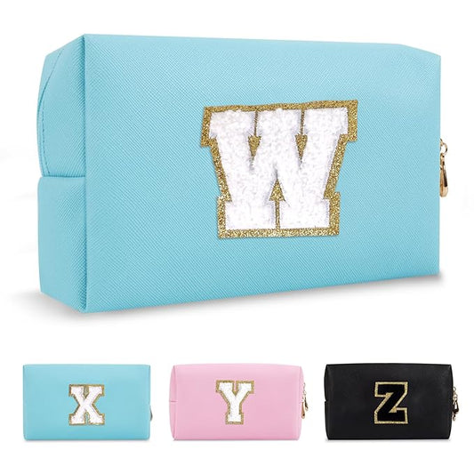 Small Personalized Initial A-Z Preppy Patch Makeup Bag,PU Chenille Letter Travel Cosmetic Pouch with Zipper,Blue Cute Toiletry Bag,Gift Ideal for Teen Girls Women Teacher Bridesmaid,Letter W