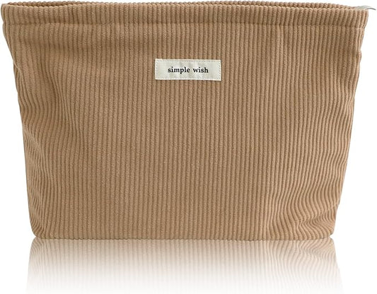 Wudygirl Corduroy Makeup Bag Cosmetic Bag for Women Cute Makeup Organizer Travel Makeup Pouch Toiletry Bag Aesthetic Handbag Pouches for Purse with Zipper (Camel)