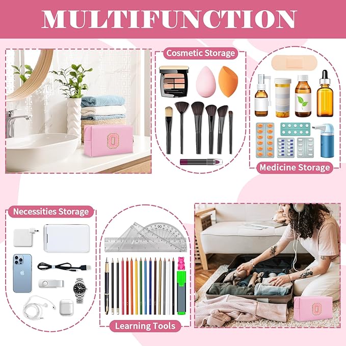 Personalized Initial A-Z Preppy Patch Makeup Bag,Small PU Leather Chenille Letter Cosmetic Bag with Zipper for Teen Girls,Pink Cute Travel Toiletry Bag,Birthday Monogrammed Gift for Daughter,Letter O