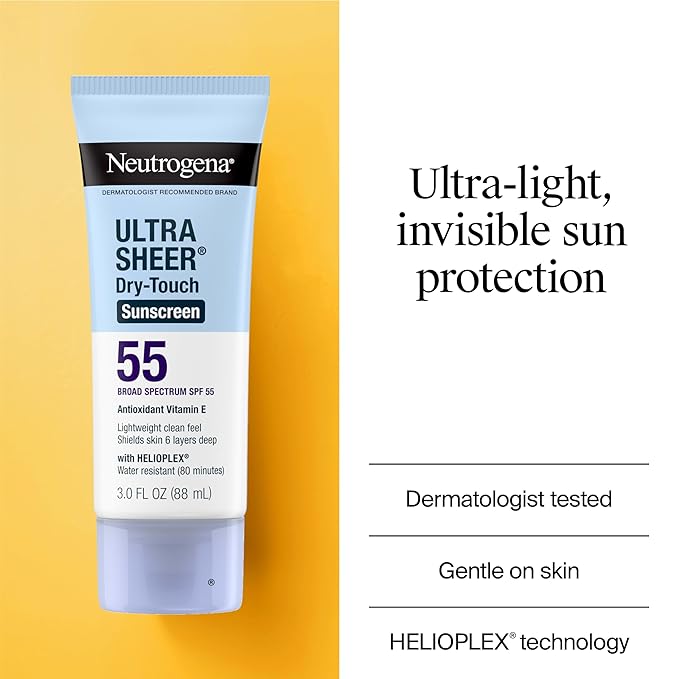 Neutrogena Ultra Sheer Dry-Touch Sunscreen For Face & Body, SPF 55 Broad Spectrum UVA/UVB Protection, Lightweight Water Resistant & Non-Greasy, Travel Size Sunscreen, 3 fl. oz