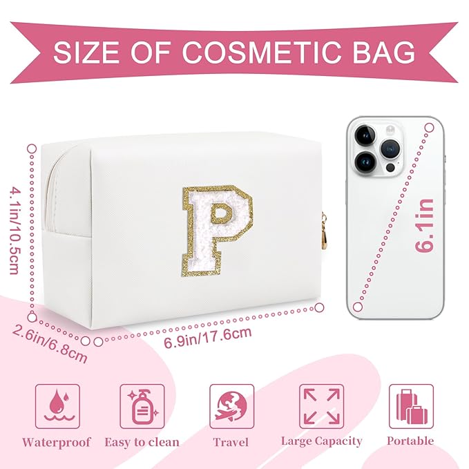 Small Personalized Initial A-Z Preppy Patch Makeup Bag,White PU Chenille Letter Travel Cosmetic Pouch with Zipper,Cute Toiletry Bag,Gift Ideal for Teen Girls Women Teacher Bridesmaid,Letter P