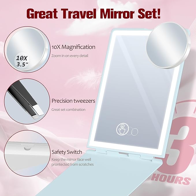 Travel Makeup Mirror with Light, Rechargeable Portable Folding Compact Mirror Set with Tweezer, Lighted Makeup Mirrors with 72 LED 3 Color Light Modes, Dimmable Touch Screen LED Mirrors-Cyan