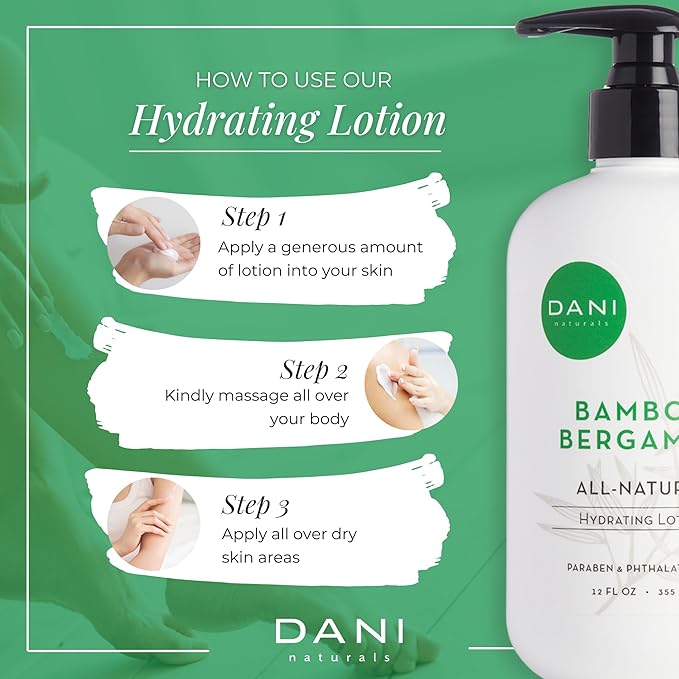 DANI Naturals Hand & Body Lotion - Clean Bamboo Bergamot Scented, Deep Hydration Lotion for Dry Skin, With Shea Butter & Aloe Vera, Natural & Organic Ingredients, Paraben-Free, 12 Oz