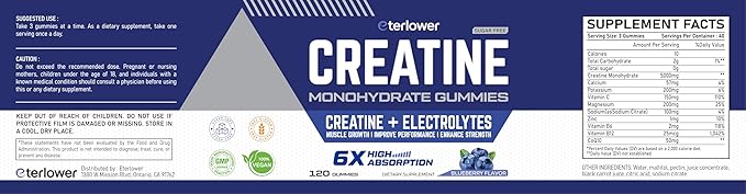 Creatine Monohydrate Gummies for Men & Women, 5g Flavored Creatine Gummy with Electrolytes for Muscle Strength, Muscle Builder, Energy Booster, Pre Workout Supplement, Sugar-Free & Vegan, 120 Count