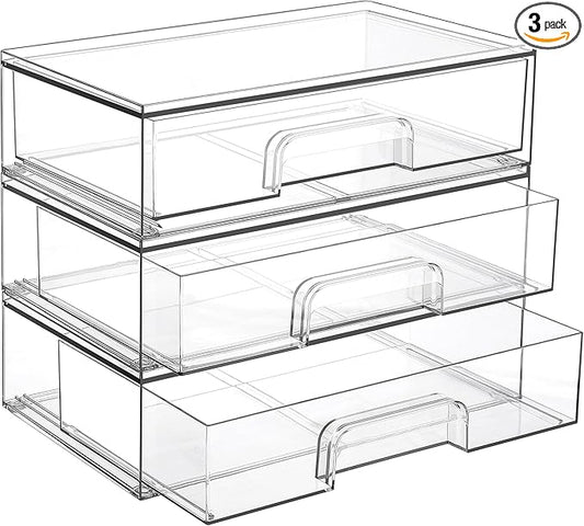 Vtopmart 12.1''W Clear Stackable Storage Drawers,3 Pack Acrylic Plastic Organizers Bins for Makeup Palettes, Cosmetics, and Beauty Supplies,Ideal for Vanity, Bathroom,Cabinet,Desk Organization