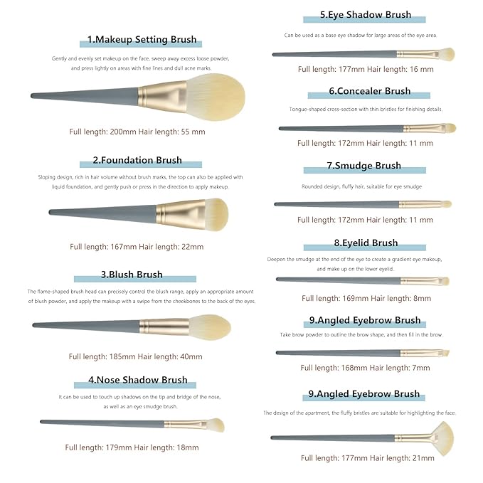 Makeup Brushes With Bag 10PCs Professional Makeup Brush Set，Premium Synthetic Foundation Concealer Powder Blush Eyeshadow Eyebrow Blending Travel Make Up Brushes (Blue)