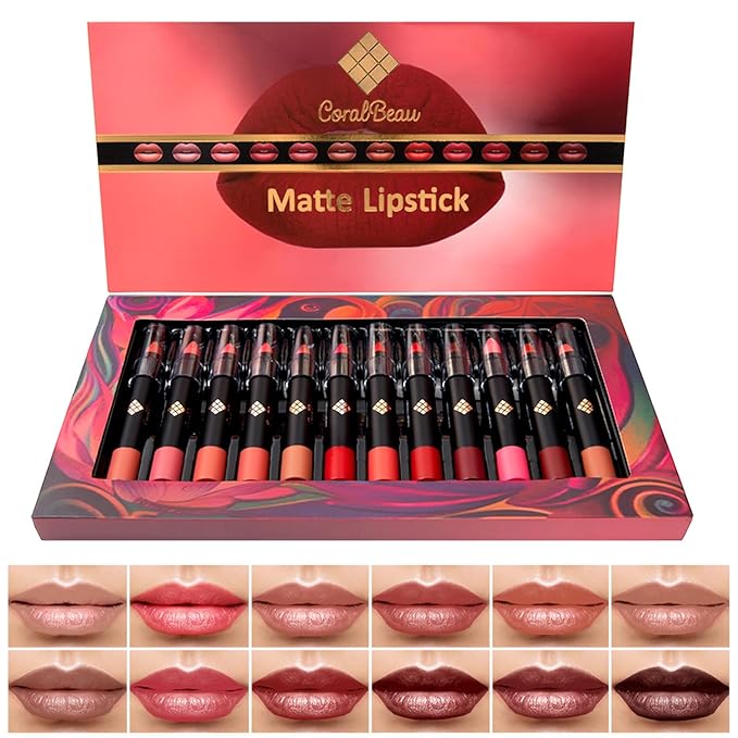 Matte Lipstick Set - 12-Piece Lip Crayon Set With Nude, Pink, Mauve & Red Shades - Waterproof, Long-Wearing Smudge Proof Lipstick Formula with Rich Colors & Pigments