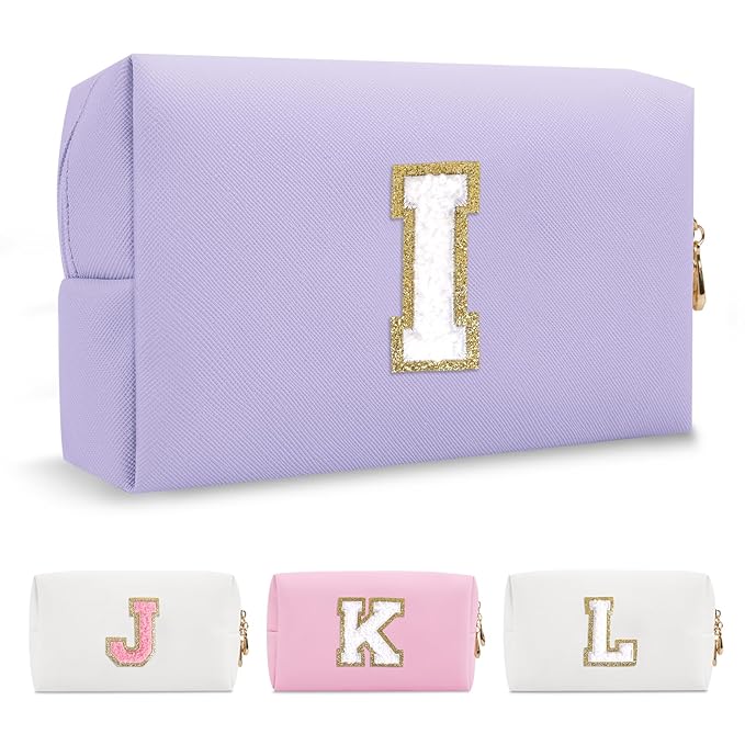 Personalized Makeup Bag Initial A-Z Preppy Patch Bag,Small PU Leather Travel Cosmetic Bag Pouch with Zipper,Purple Cute Toiletry Bag,Gift Ideal for Teen Girls Women Birthday Friend Mom,Latter I