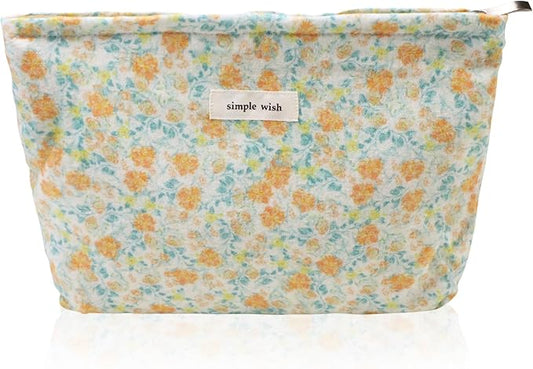 Wudygirl Aesthetic Cosmetic Bag Travel Toiletry Bag Makeup Bag Canvas Makeup Pouch Toiletry Bag for Women and Girls Large Capacity Makeup Bag Floral Pencil Pouch with Zipper (Yellow Floral)