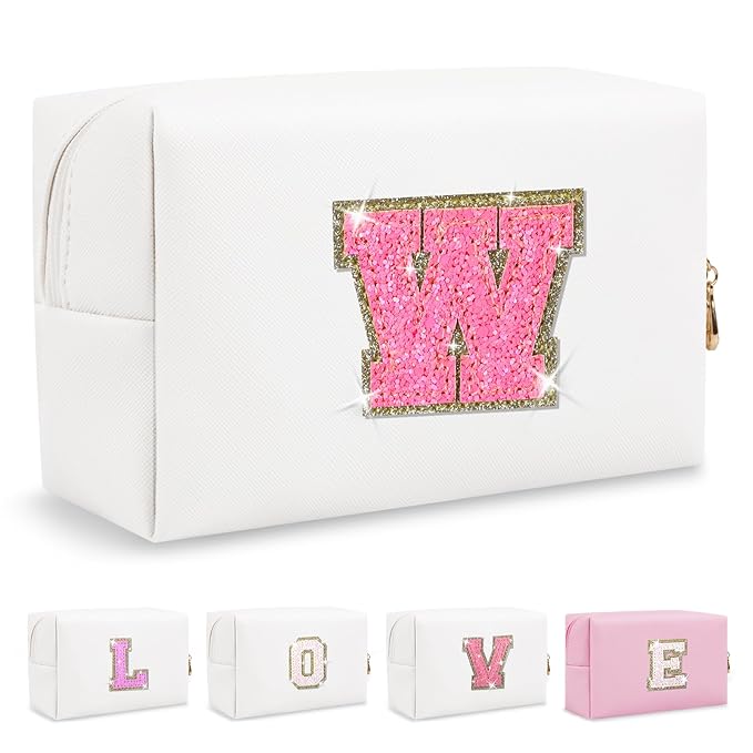 Small Personalized Initial A-Z Patch Makeup Bag,White Cute PU Leather Glitter Letter Cosmetic Bag for Teen Girls,Travel Toiletry Bag with Zipper,Preppy Monogrammed Birthday Gift for Daughter Niece W
