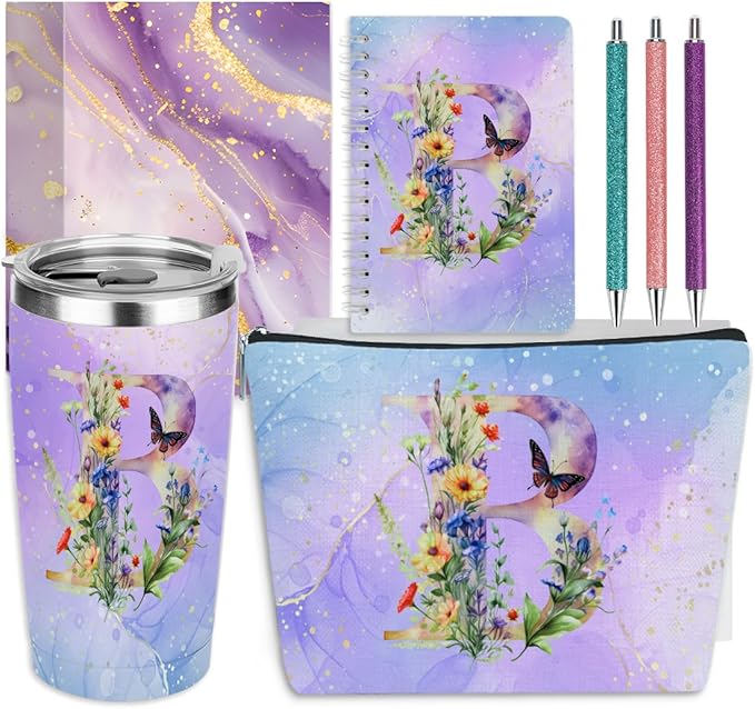Personalized Gifts Monogrammed Birthday Gifts for Women, Cowerker Mom Boss Day Christmas Initial 20 oz Tumbler, Makeup Bag Cup Ballpoint Pens Journal Notebook 6 Set, (Aesthetic Purple Flower B)