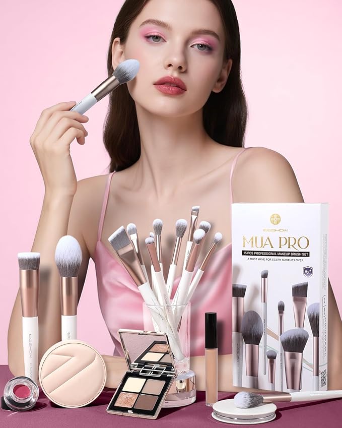 EIGSHOW Makeup Brushes Set, 15Pcs Professional Make Up Brush with Silver Ion Bristles for Foundation Powder Blush Highlighter Concealer Eyeshadow Eyeliner, Travel Gift Set (Champaign Gold)