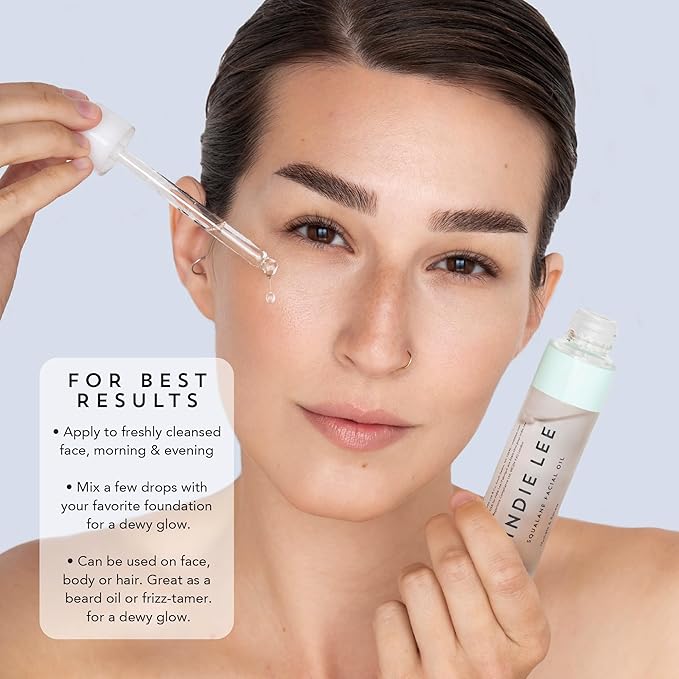 Indie Lee 100% Squalane Oil - Daily Face Oil & Hydrating Moisturizer for Dry Skin, Fine Lines and Wrinkles - Even Skin Tone, Brighten & Improve Texture, 10ml