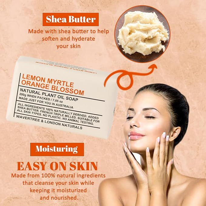 Wavertree & London Lemon Myrtle & Orange Blossom Scented Natural Soap Bars (2 Bars), 7oz Moisturizing French Triple Milled Soap enriched with shea butter - Bath & Body Bars [100% Naturally derived]