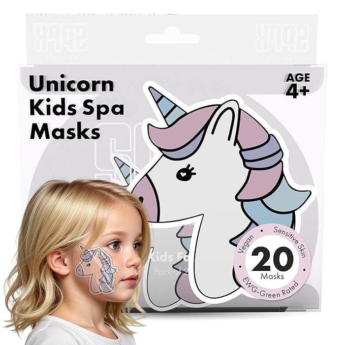 Unicorn Kids Face Masks Skincare Set (20pcs), Organic Vegan & Kid Safe Skin Care Ages 4+, Cute Animal Sheet Masks for Girls, Spa Day, Sleepover, Slumber Party Favors, Stuffs and Gifts for Little Girls