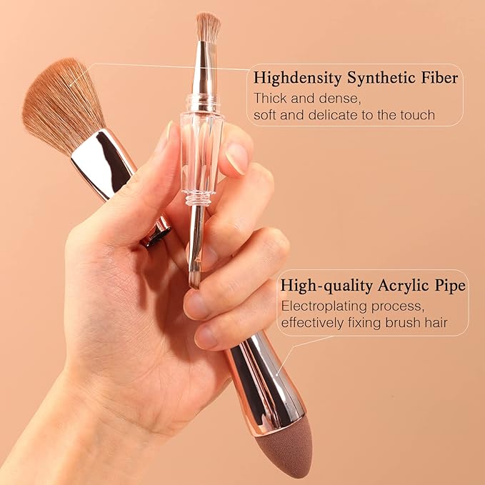 Raffaello 4-in-1 Travel Makeup Brush, Multi-use Makeup Sponge, Eyeshadow, Eyebrow, Liner & Blush Blending Brush for Foundation, Concealer, Powder, Vegan, Dual-Ended Make Up Brush Set (1pcs RoseGold)