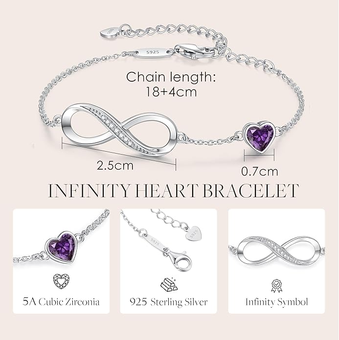 CDE Infinity Heart Birthstone Charm Link Bracelet for Women 925 Sterling Silver Adjustable Mother's Day Gift Anniversary Birthday Jewelry for Wife Girlfriend Her